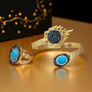 Turkish Handmade Adjustable 18K Gold Plated Turquoise Cuff Ring Exclusive Set